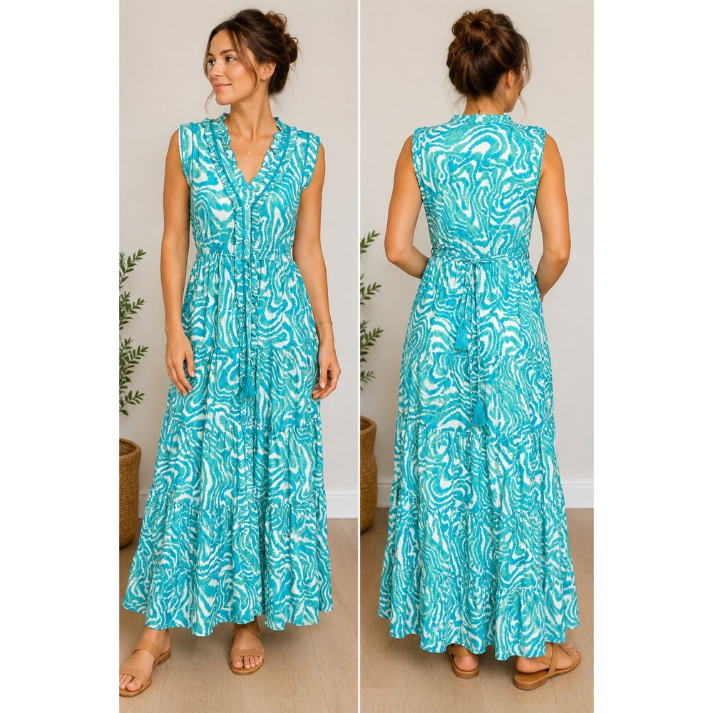 True Destinations Teal White Abstract Print Ruffle Tiered Maxi‎ Dress Womens L